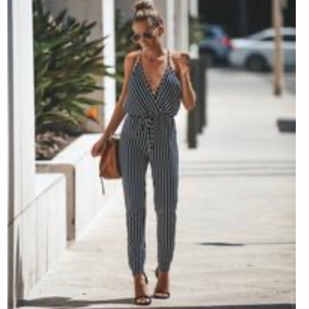 VICI navy and white striped jumpsuit size small